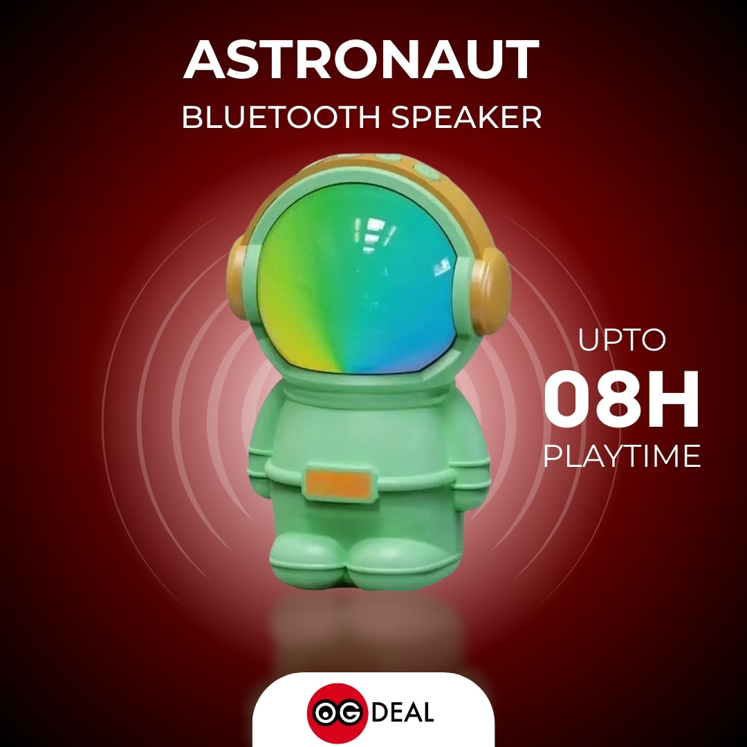 Green astronaut-shaped Bluetooth speaker with a red background and 'OG Deal' logo.