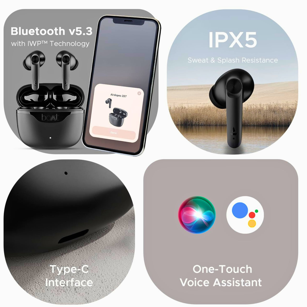 boAt Airdopes 207 TWS Earbuds – 50H Playtime, Quad Mics w/ ENx, Beast Mode 50ms Low Latency, ASAP Charge, BT v5.3