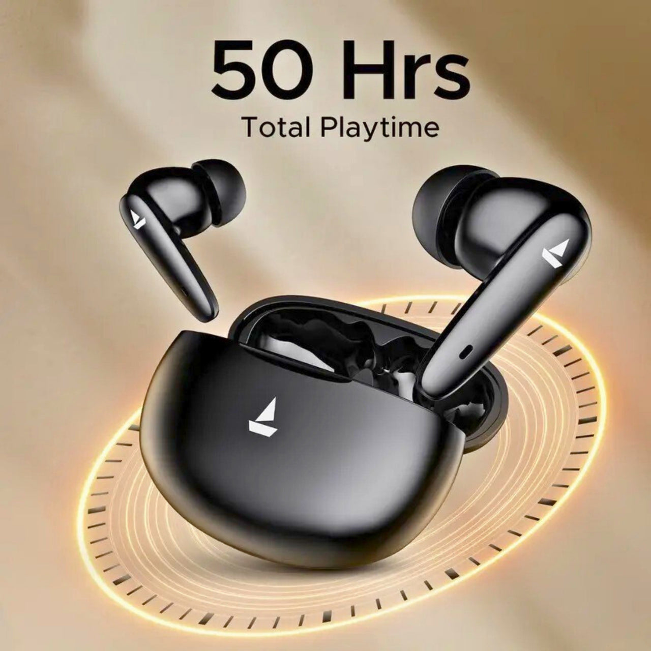 Black wireless earbuds with charging case on a beige background, displaying '50 Hrs Total Playtime'.