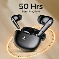 Black wireless earbuds with charging case on a beige background, displaying '50 Hrs Total Playtime'.