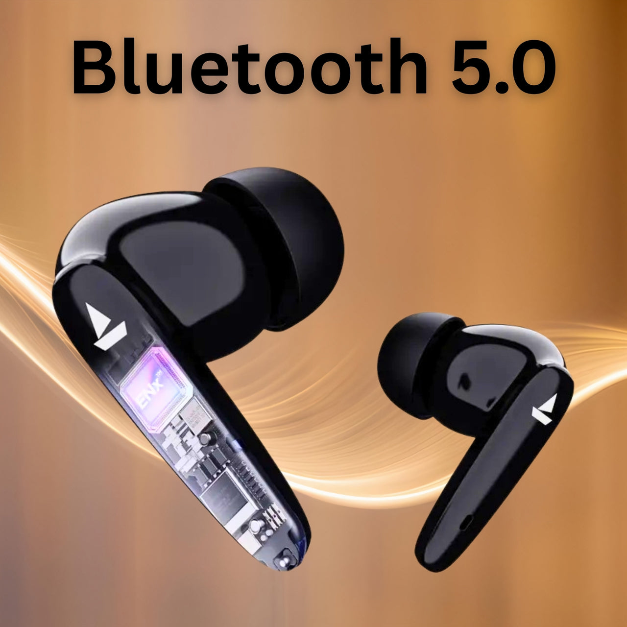 Black wireless earbuds with 'Bluetooth 5.0' text on a gold gradient background