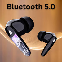 Black wireless earbuds with 'Bluetooth 5.0' text on a gold gradient background