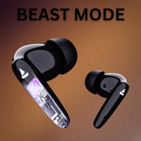 Black wireless earbuds on a brown background with 'BEAST MODE' text.
