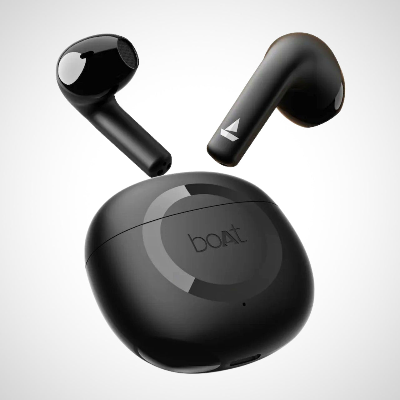 Black wireless earbuds with charging case on a light gray background, featuring the brand 'boAt'.