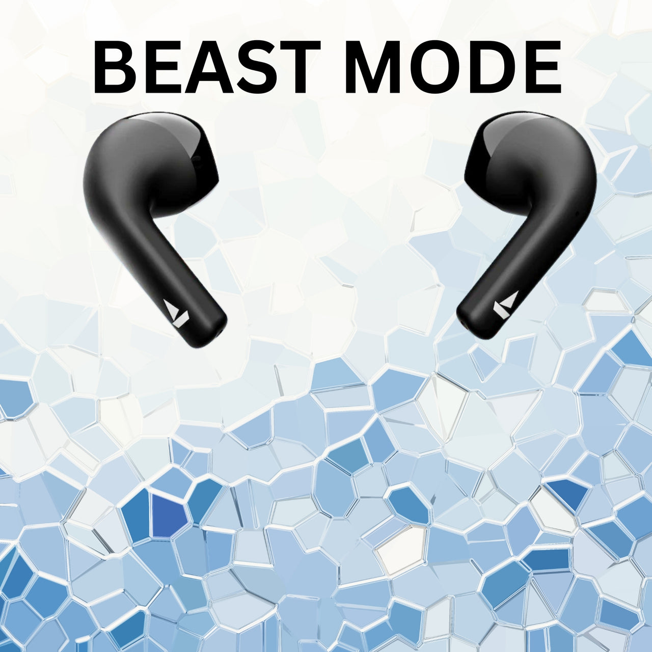 Black wireless earbuds on a mosaic tile background with 'BEAST MODE' text.