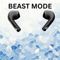 Black wireless earbuds on a mosaic tile background with 'BEAST MODE' text.