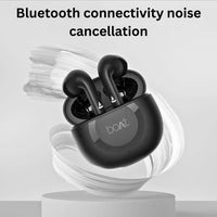 Black wireless earbuds with 'boAt' branding on a white background, featuring text about Bluetooth connectivity and noise cancellation.