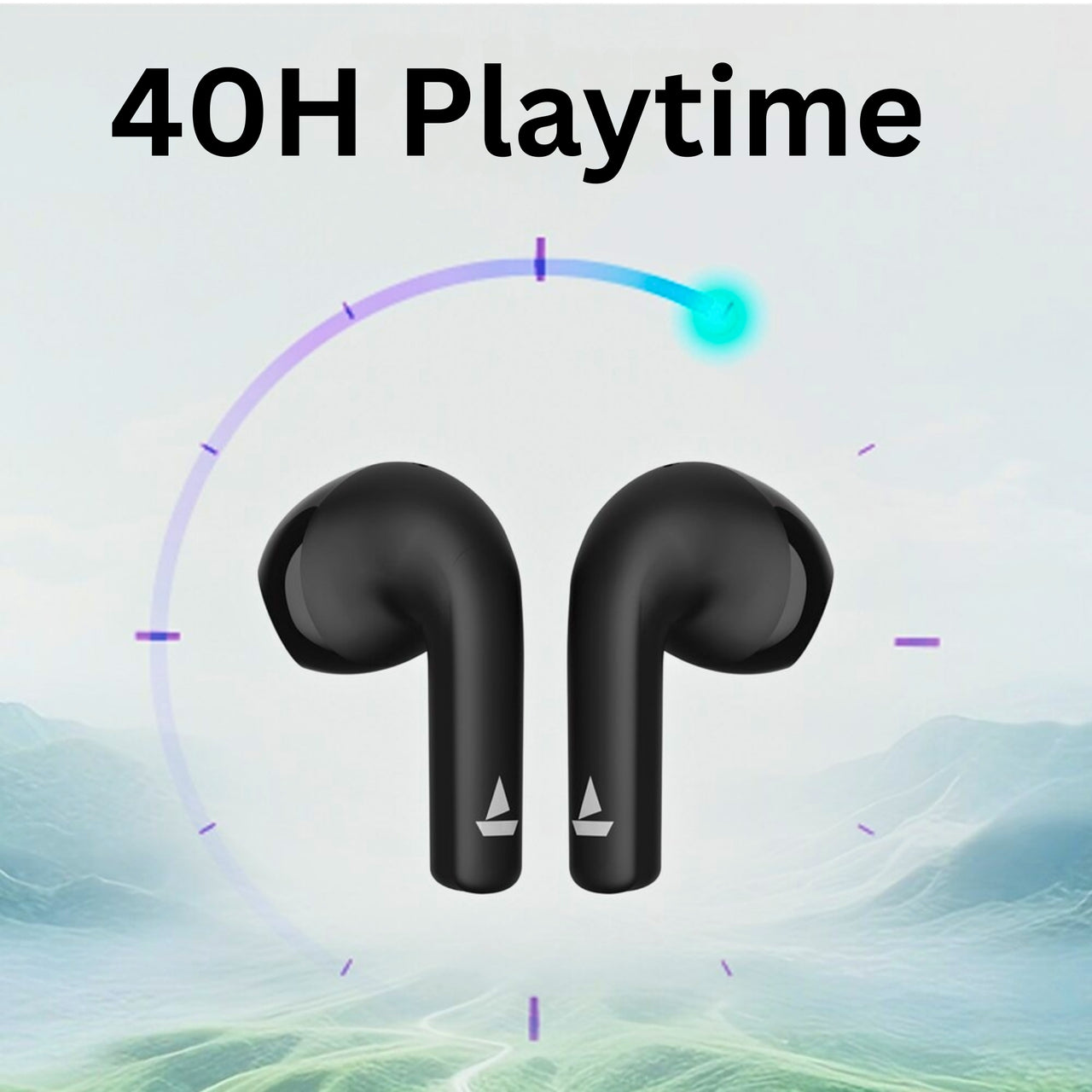 Black wireless earbuds with '40H Playtime' text on a light background