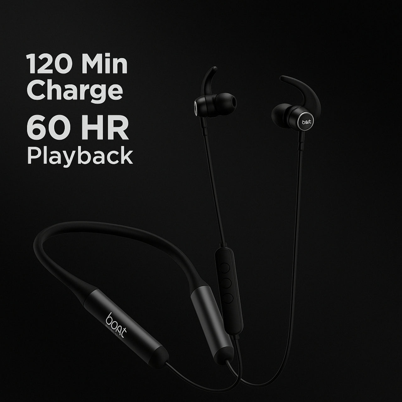 Black wireless earbuds with charging cable on a black background, featuring text about charge and playback time.