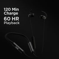 Black wireless earbuds with charging cable on a black background, featuring text about charge and playback time.