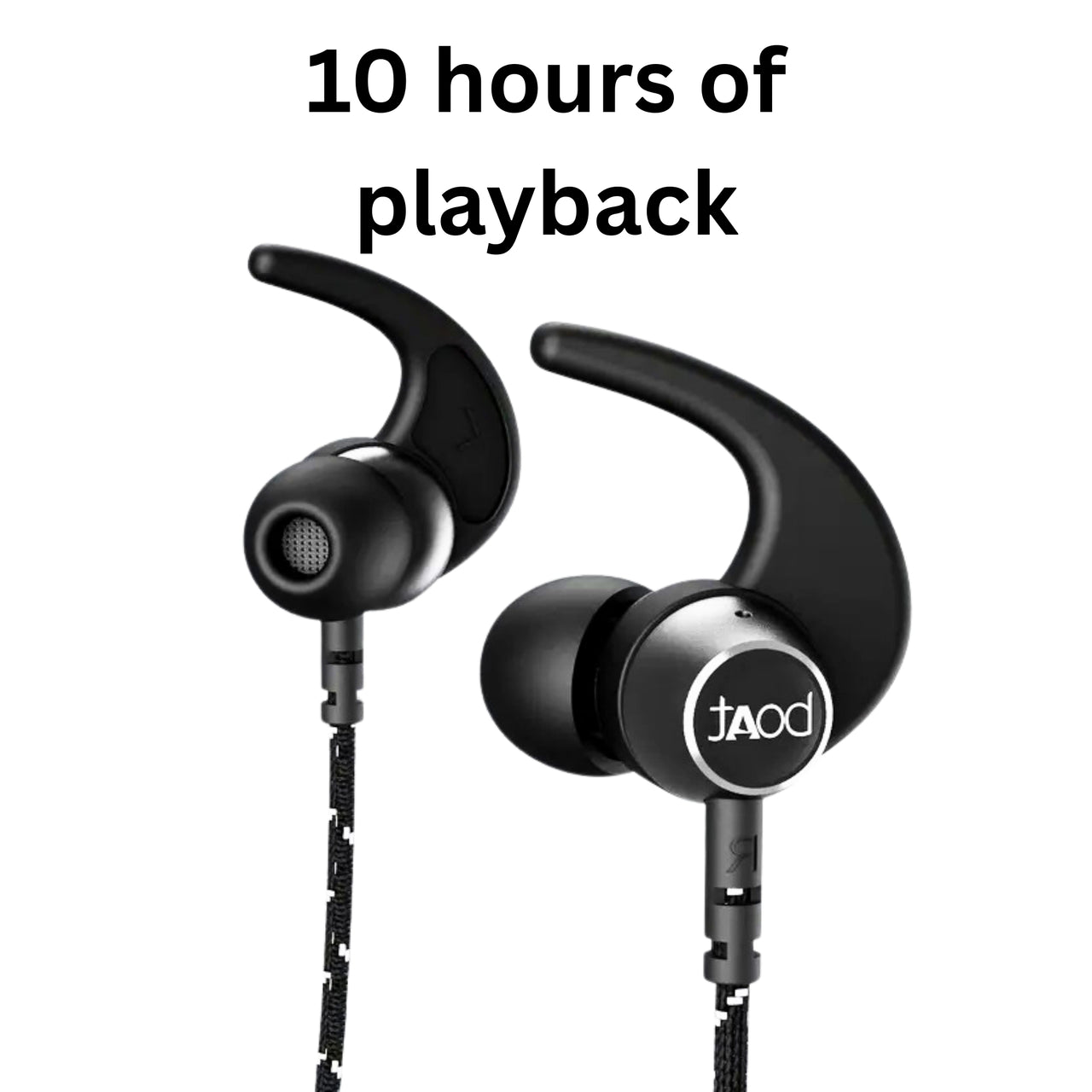 Black earbuds with 'Jlab' logo on a white background, featuring text '10 hours of playback'.