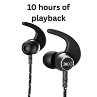Black earbuds with 'Jlab' logo on a white background, featuring text '10 hours of playback'.