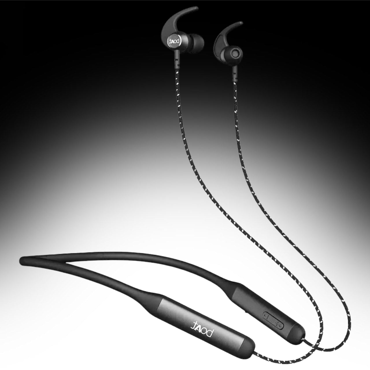 Black wireless earbuds with neckband on a gradient background