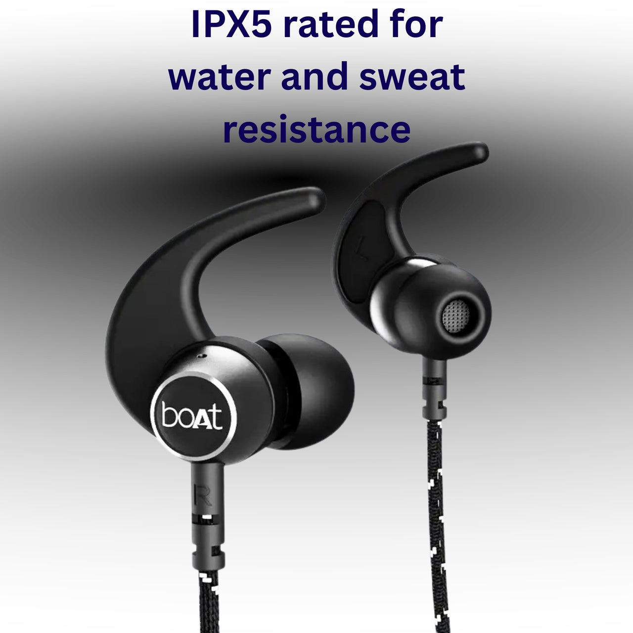 Black earbuds with 'boAt' logo on a gray background, featuring text about water and sweat resistance.