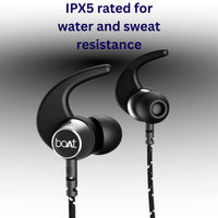 Black earbuds with 'boAt' logo on a gray background, featuring text about water and sweat resistance.
