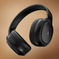 Black over-ear headphones on a brown gradient background