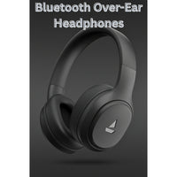 Black Bluetooth over-ear headphones on a dark background with text.